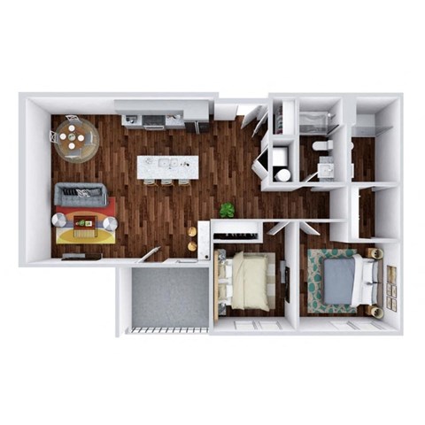 A 3D floor plan of a small apartment with a kitchen, living room, and bathroom.